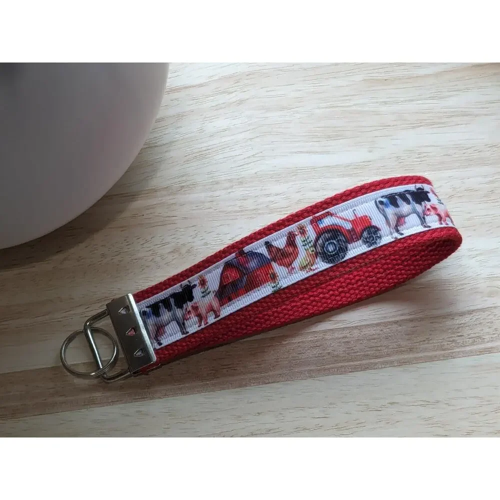 Farm Keychain Wristlet Handmade Fabric Key FOB Cow‎ Chicken Tractor Barn Farmer
